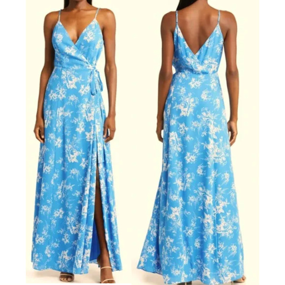 NWT Wayf Angelina Floral Surplice V-Neck Maxi Wrap Gown Ocean Blue Womens Size S